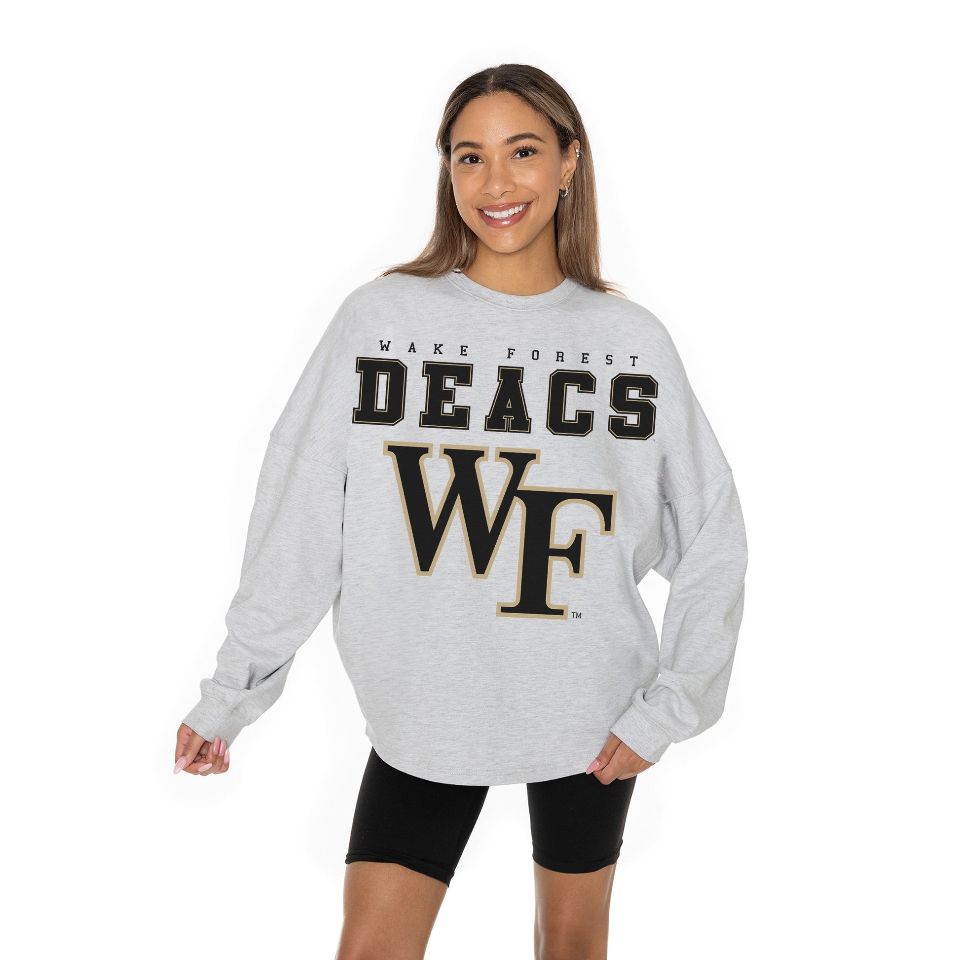 WAKE FOREST DEMON DEACONS BIG GOALS RELAXED FIT HEATHERED LONG SLEEVE FRENCH TERRY PULLOVER WITH RIBBED CUFF AND NECKLINE DETAIL