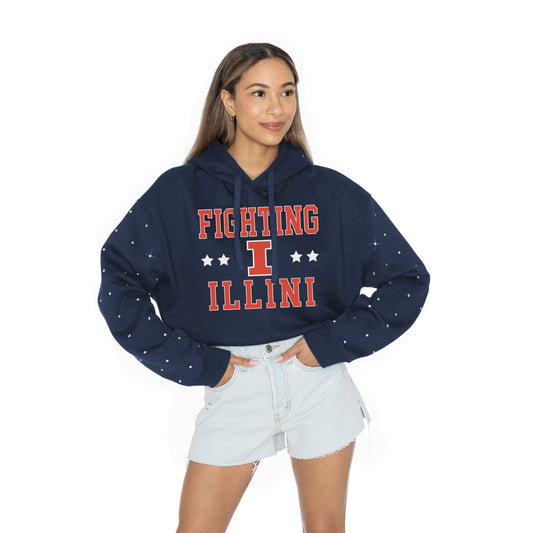 ILLINOIS FIGHTING ILLINI LIKE A STAR LONG SLEEVE SCRUNCH WAISTBAND HOODIE WITH RHINESTONE SLEEVE DETAIL