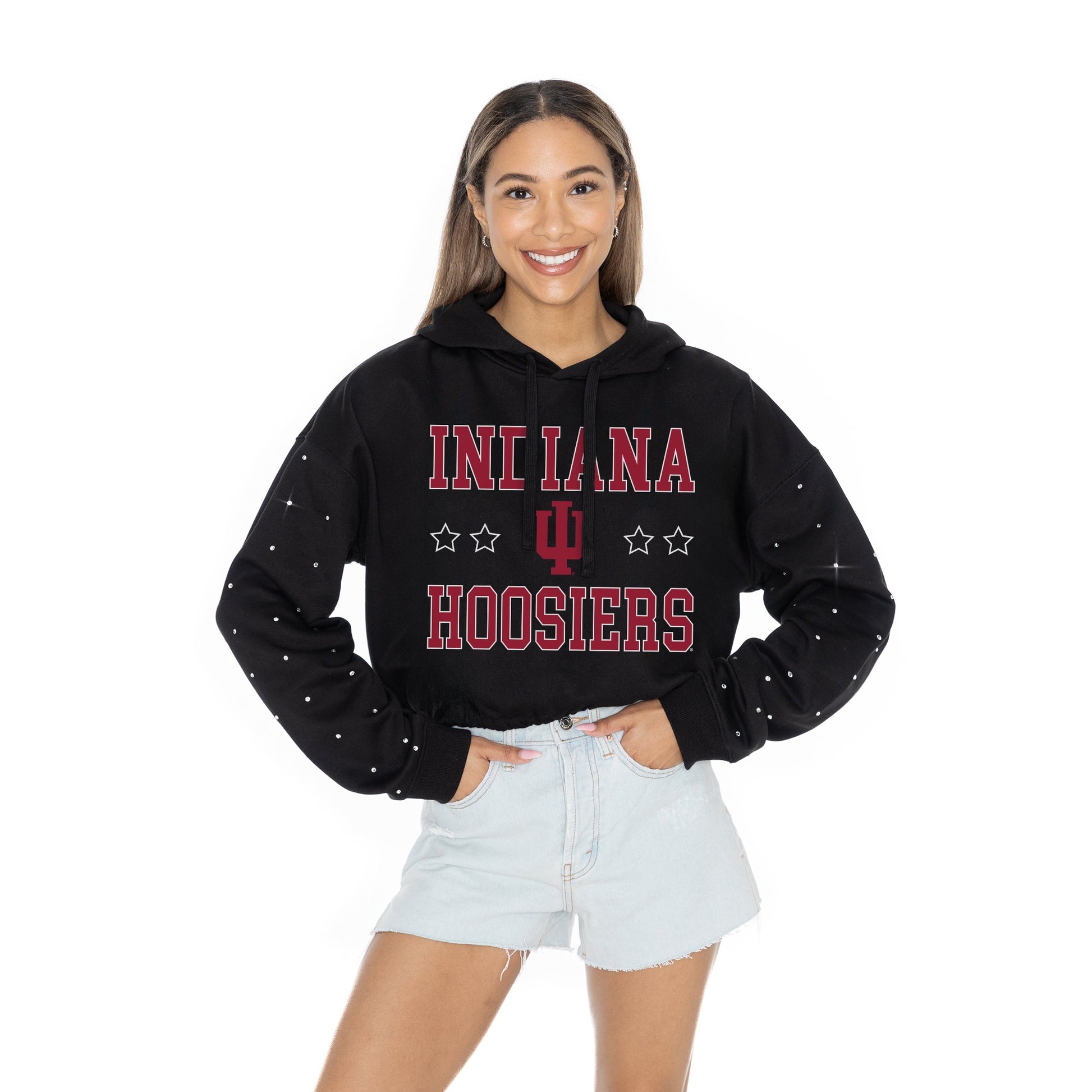 INDIANA HOOSIERS LIKE A STAR LONG SLEEVE SCRUNCH WAISTBAND HOODIE WITH RHINESTONE SLEEVE DETAIL