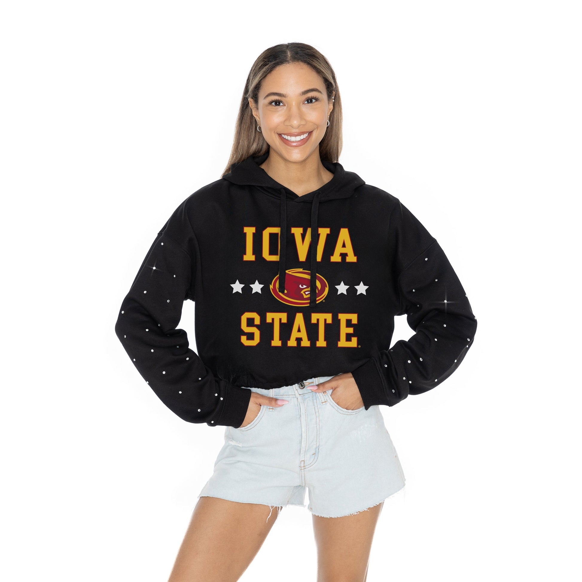 IOWA STATE CYCLONES LIKE A STAR LONG SLEEVE SCRUNCH WAISTBAND HOODIE WITH RHINESTONE SLEEVE DETAIL