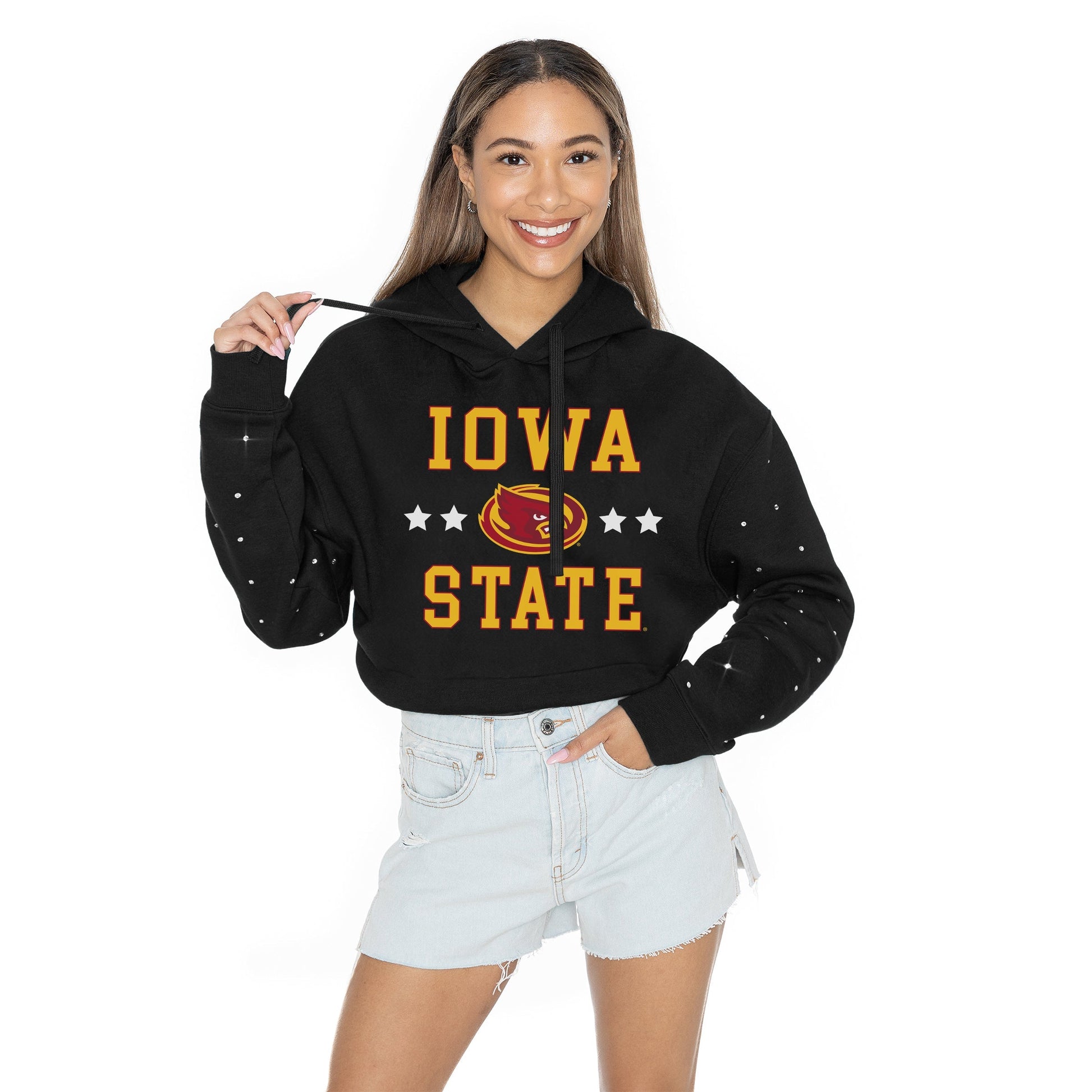 IOWA STATE CYCLONES LIKE A STAR LONG SLEEVE SCRUNCH WAISTBAND HOODIE WITH RHINESTONE SLEEVE DETAIL