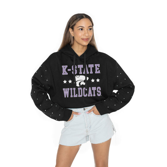 KANSAS STATE WILDCATS LIKE A STAR LONG SLEEVE SCRUNCH WAISTBAND HOODIE WITH RHINESTONE SLEEVE DETAIL