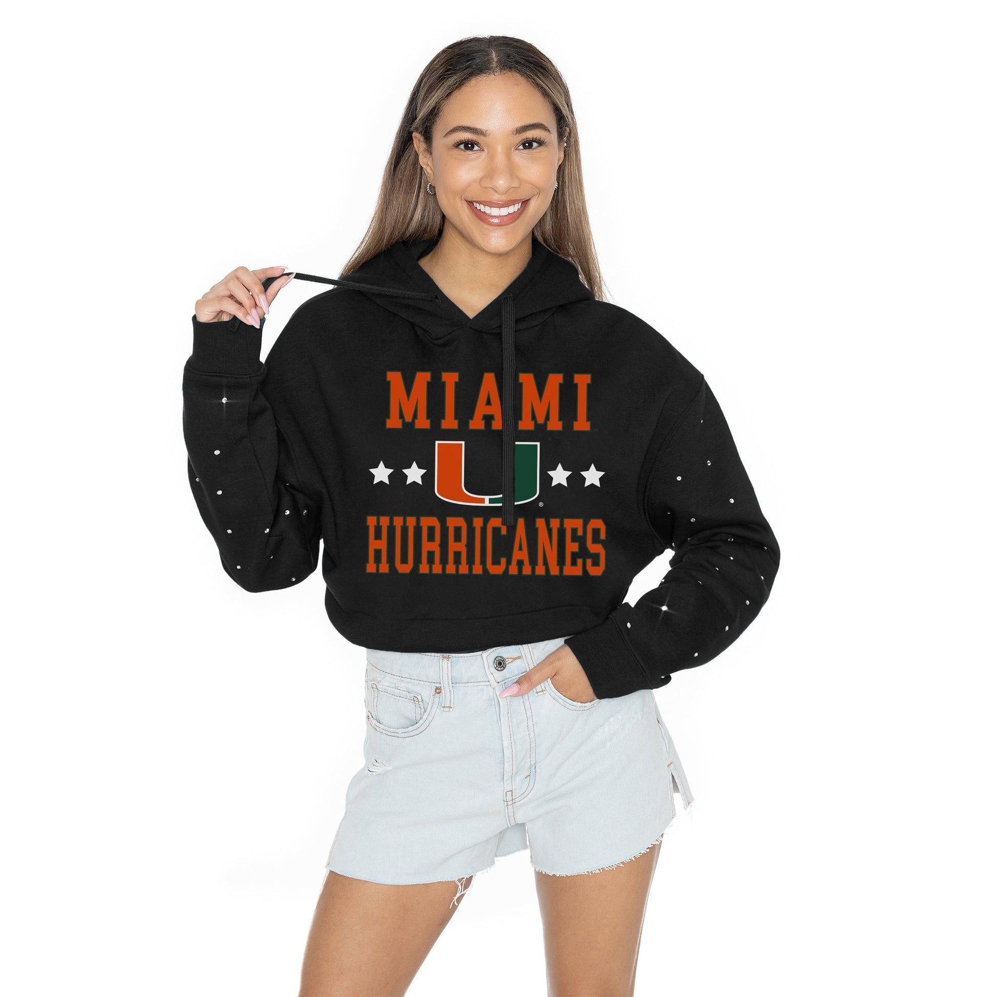 MIAMI HURRICANES LIKE A STAR LONG SLEEVE SCRUNCH WAISTBAND HOODIE WITH RHINESTONE SLEEVE DETAIL