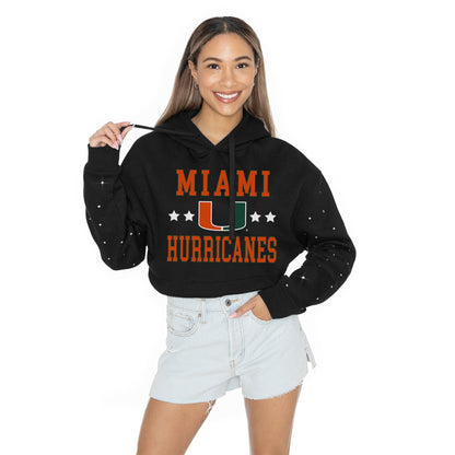 MIAMI HURRICANES LIKE A STAR LONG SLEEVE SCRUNCH WAISTBAND HOODIE WITH RHINESTONE SLEEVE DETAIL