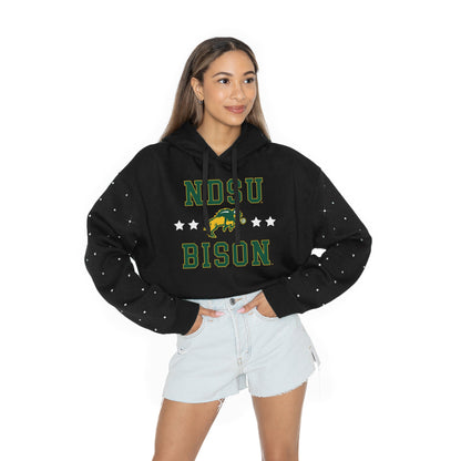 NORTH DAKOTA STATE BISON LIKE A STAR LONG SLEEVE SCRUNCH WAISTBAND HOODIE WITH RHINESTONE SLEEVE DETAIL