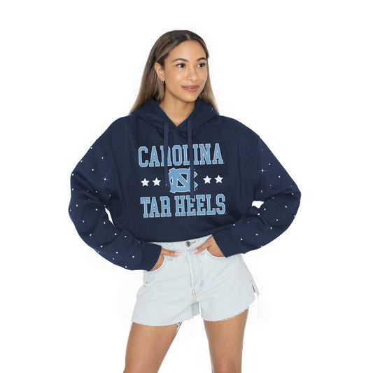 NORTH CAROLINA TAR HEELS LIKE A STAR LONG SLEEVE SCRUNCH WAISTBAND HOODIE WITH RHINESTONE SLEEVE DETAIL