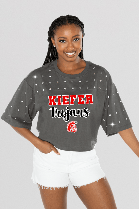 KIEFER TROJANS RHINESTONE MID - CROP TEE - The Club