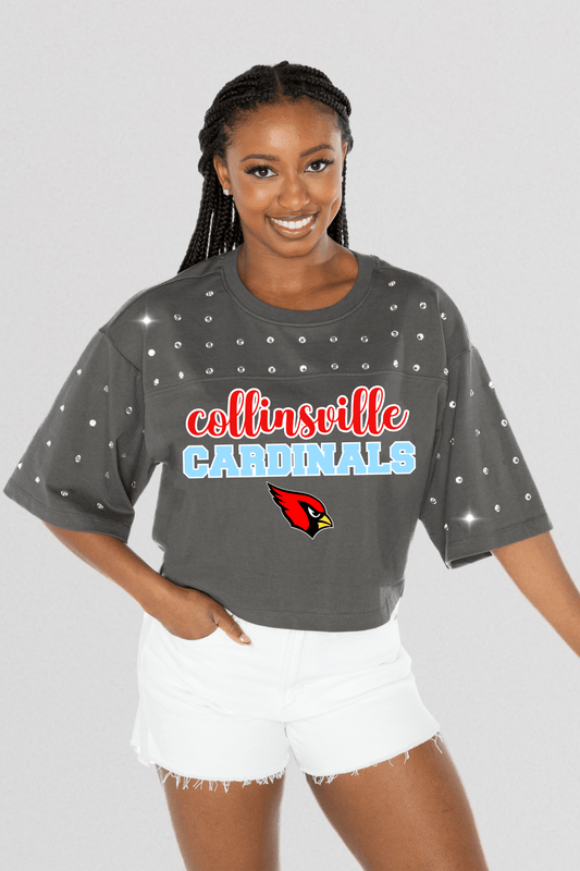 COLLINSVILLE CARDINALS RHINESTONE MID - CROP TEE - The Club