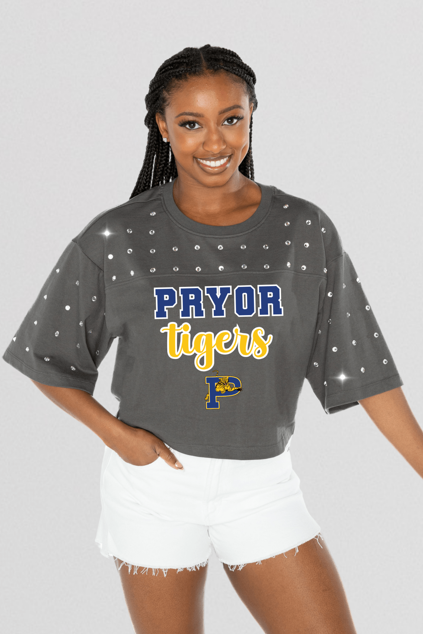 PRYOR TIGERS RHINESTONE MID - CROP TEE - The Club
