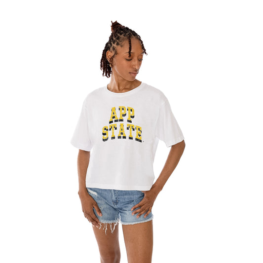 APPALACHIAN STATE MOUNTAINEERS CLAIM TO FAME WOMEN'S MIDI-LENGTH, BOXY FIT CROPPED TEE WITH DROP SHOULDER SLEEVE