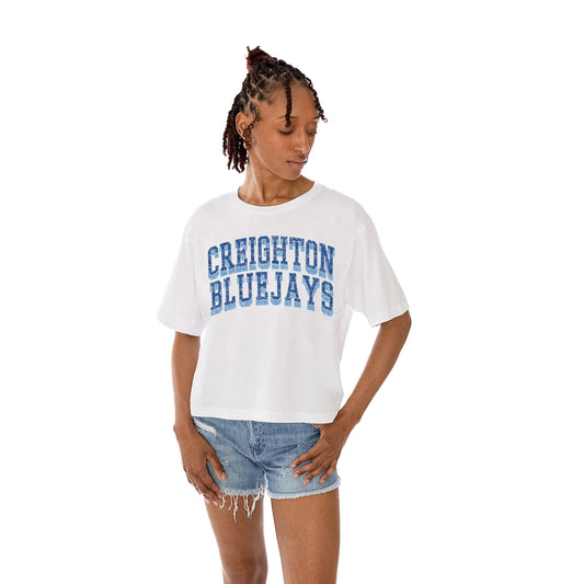 CREIGHTON BLUEJAYS CLAIM TO FAME WOMEN'S MIDI-LENGTH, BOXY FIT CROPPED TEE WITH DROP SHOULDER SLEEVE