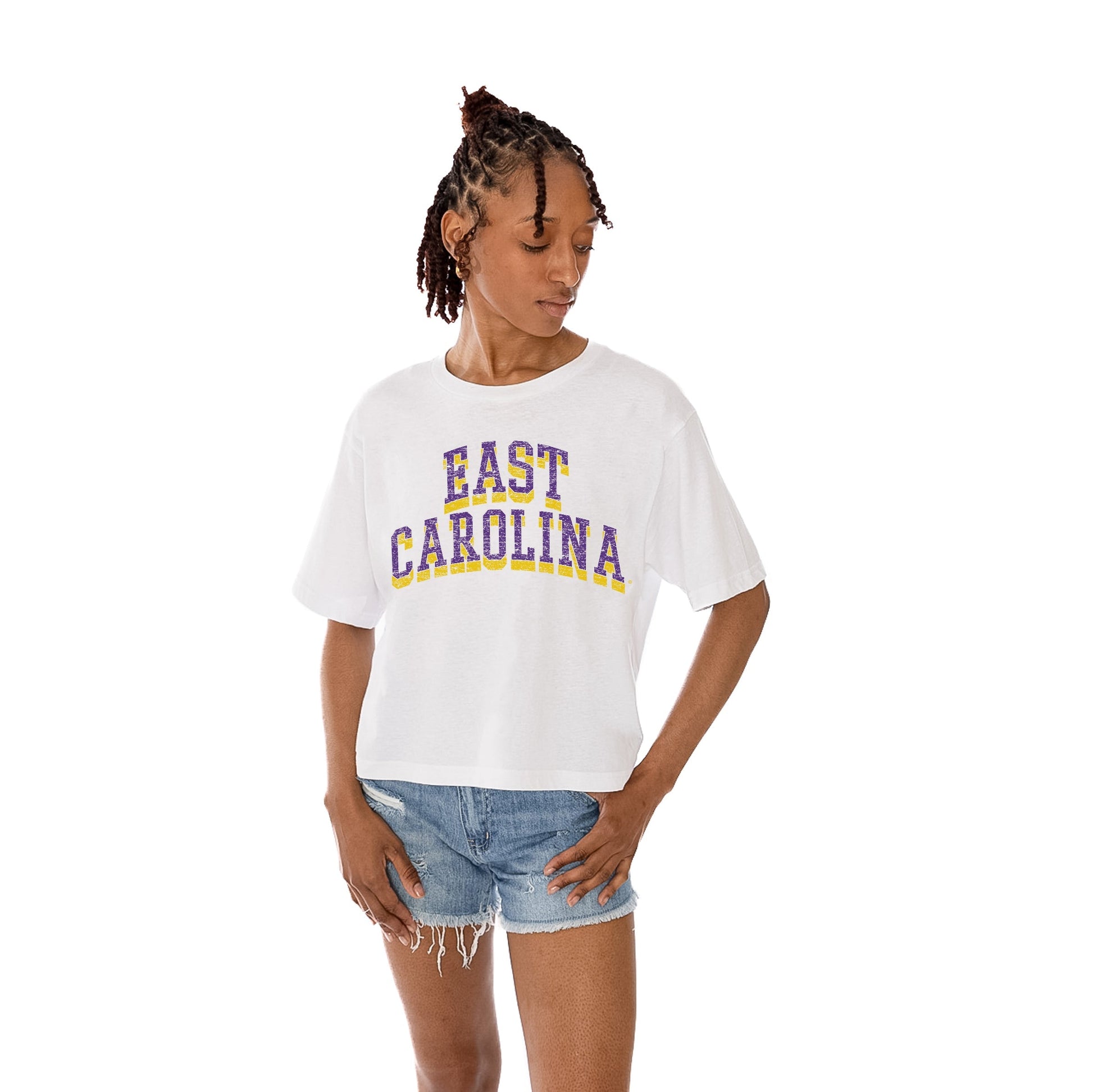 EAST CAROLINA PIRATES CLAIM TO FAME WOMEN'S MIDI-LENGTH, BOXY FIT CROPPED TEE WITH DROP SHOULDER SLEEVE