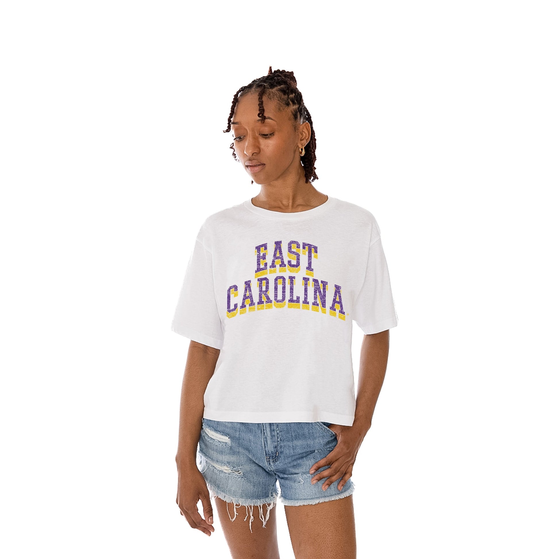 EAST CAROLINA PIRATES CLAIM TO FAME WOMEN'S MIDI-LENGTH, BOXY FIT CROPPED TEE WITH DROP SHOULDER SLEEVE