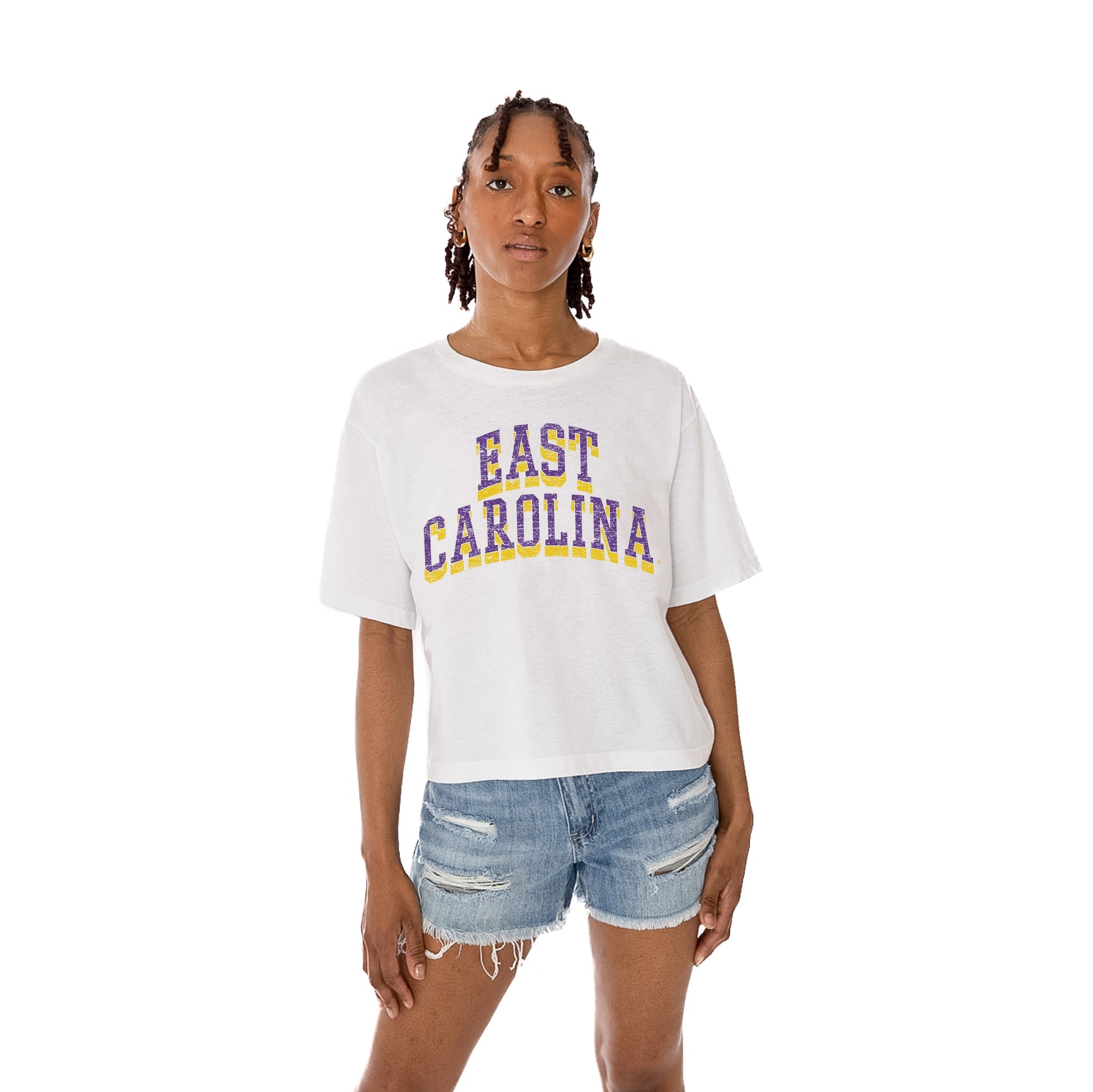EAST CAROLINA PIRATES CLAIM TO FAME WOMEN'S MIDI-LENGTH, BOXY FIT CROPPED TEE WITH DROP SHOULDER SLEEVE