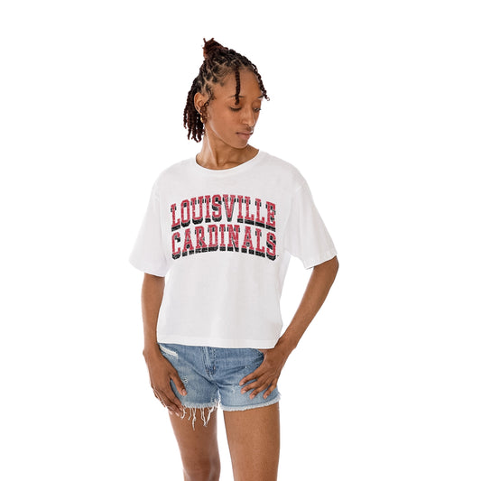 LOUISVILLE CARDINALS CLAIM TO FAME WOMEN'S MIDI-LENGTH, BOXY FIT CROPPED TEE WITH DROP SHOULDER SLEEVE