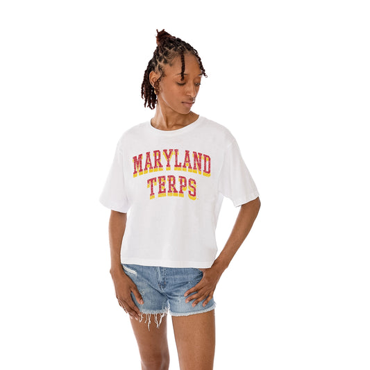 MARYLAND TERRAPINS CLAIM TO FAME WOMEN'S MIDI-LENGTH, BOXY FIT CROPPED TEE WITH DROP SHOULDER SLEEVE