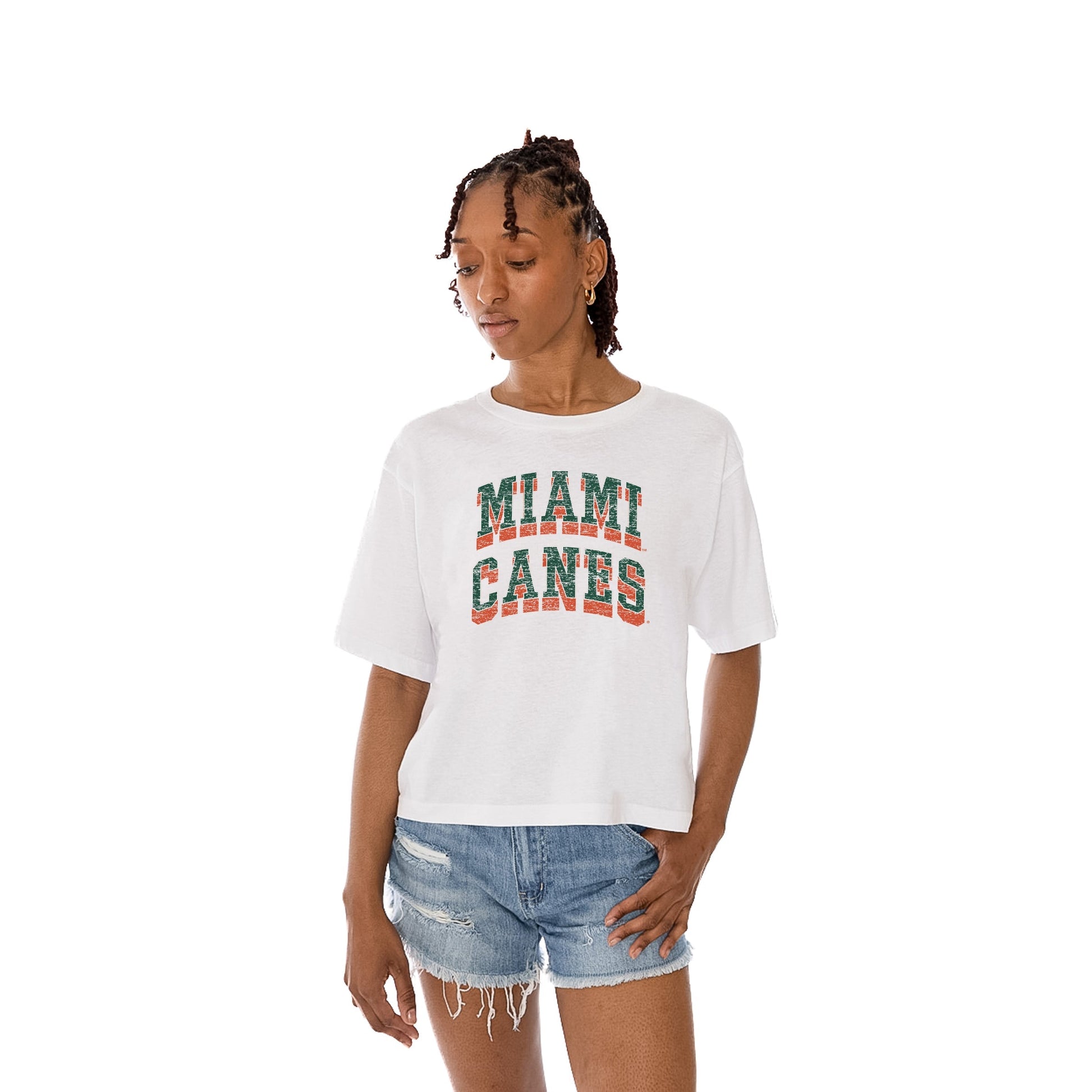 MIAMI HURRICANES CLAIM TO FAME WOMEN'S MIDI-LENGTH, BOXY FIT CROPPED TEE WITH DROP SHOULDER SLEEVE