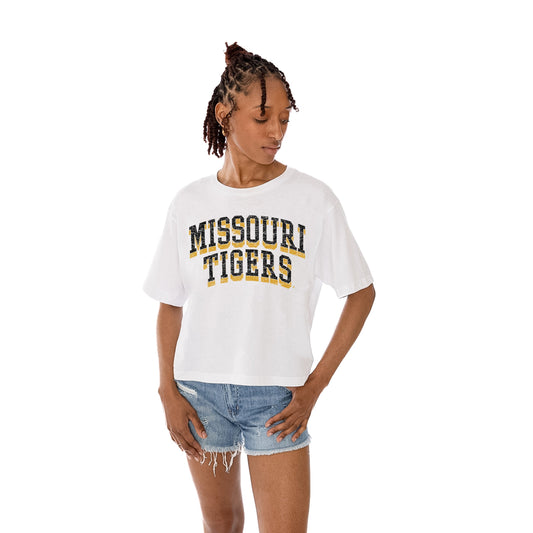 MISSOURI TIGERS CLAIM TO FAME WOMEN'S MIDI-LENGTH, BOXY FIT CROPPED TEE WITH DROP SHOULDER SLEEVE