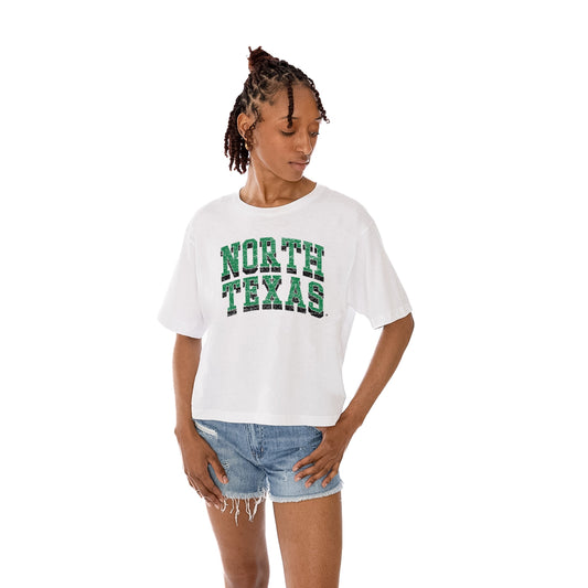 NORTH TEXAS MEAN GREEN CLAIM TO FAME WOMEN'S MIDI-LENGTH, BOXY FIT CROPPED TEE WITH DROP SHOULDER SLEEVE