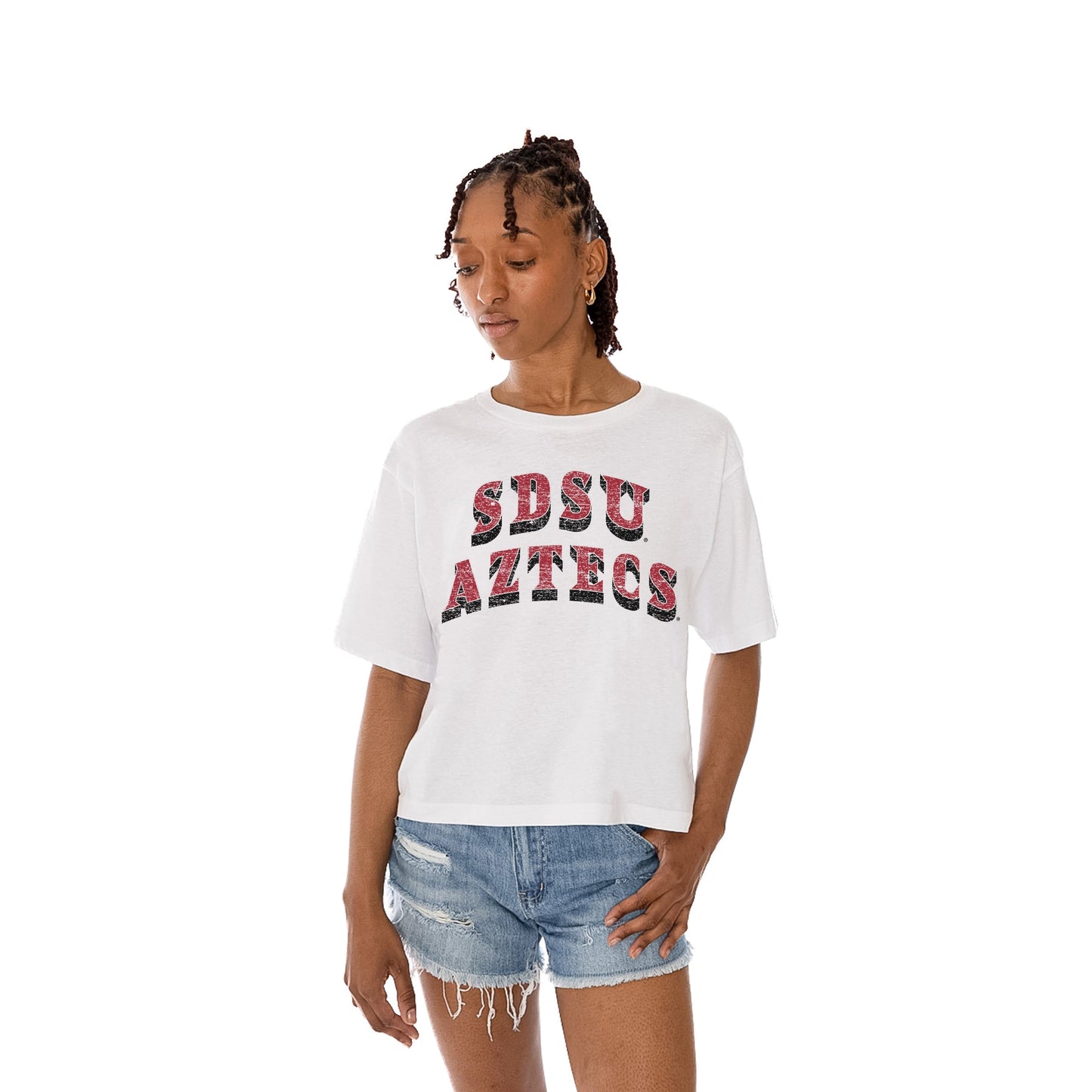 SAN DIEGO STATE AZTECS CLAIM TO FAME WOMEN'S MIDI-LENGTH, BOXY FIT CROPPED TEE WITH DROP SHOULDER SLEEVE