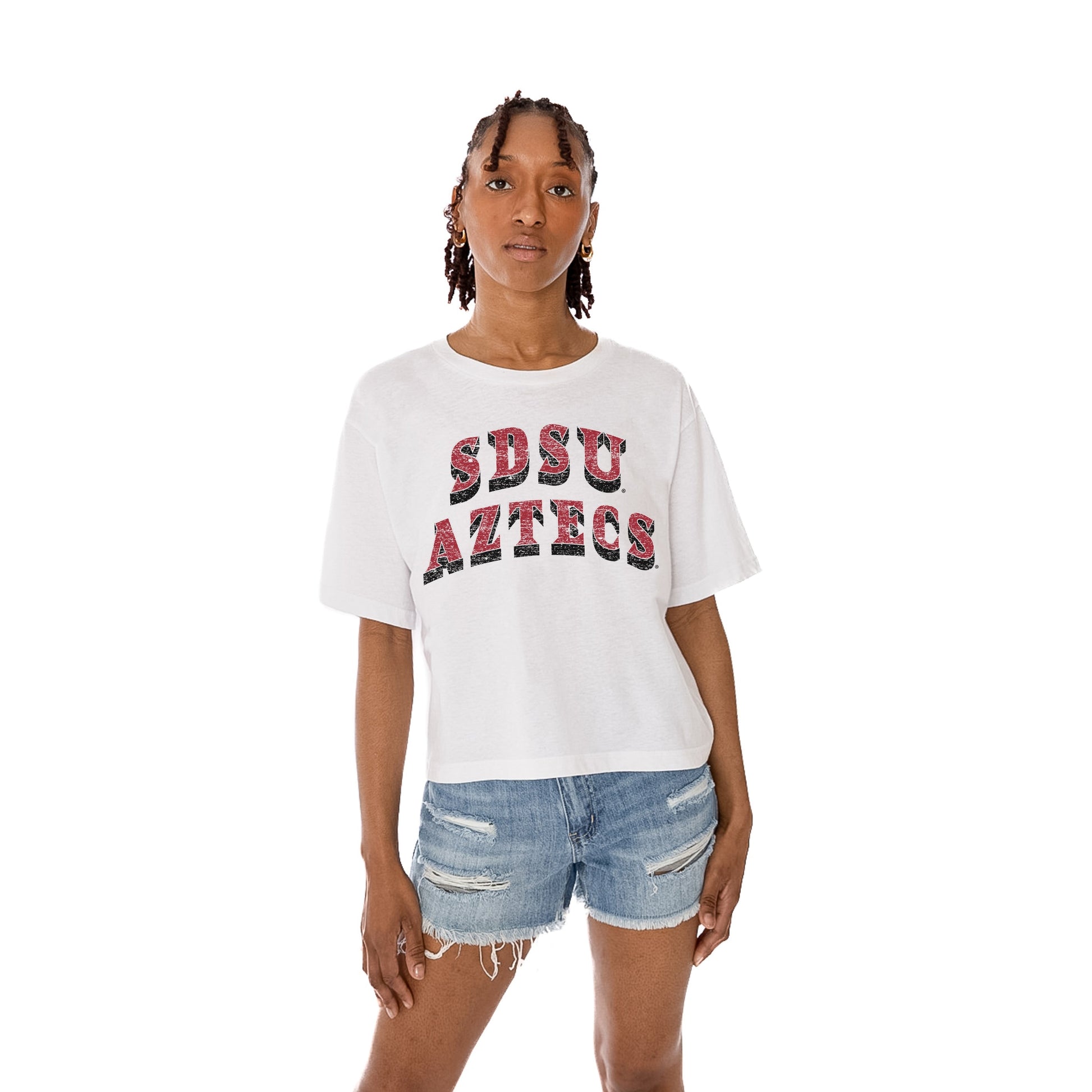 SAN DIEGO STATE AZTECS CLAIM TO FAME WOMEN'S MIDI-LENGTH, BOXY FIT CROPPED TEE WITH DROP SHOULDER SLEEVE