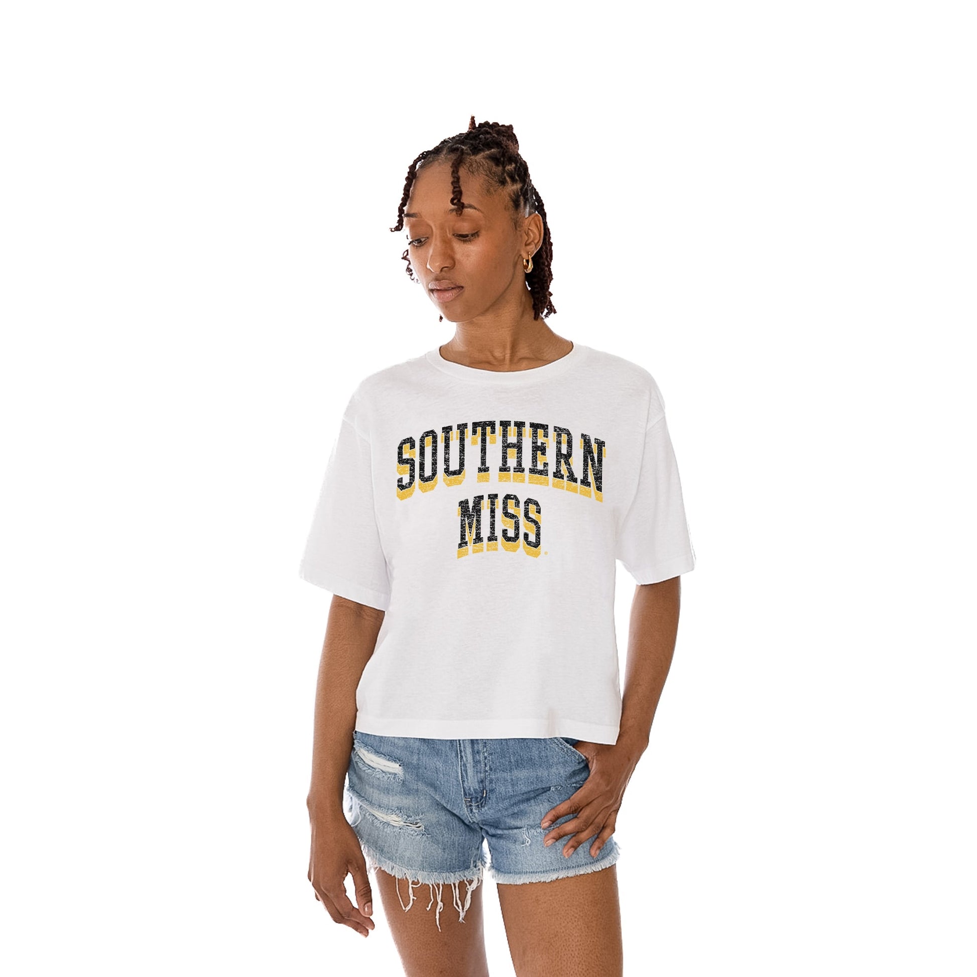SOUTHERN MISS GOLDEN EAGLES CLAIM TO FAME WOMEN'S MIDI-LENGTH, BOXY FIT CROPPED TEE WITH DROP SHOULDER SLEEVE