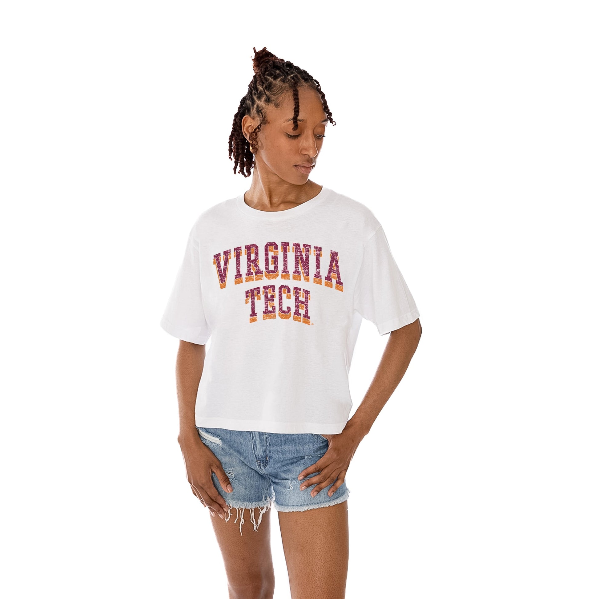 VIRGINIA TECH HOKIES CLAIM TO FAME WOMEN'S MIDI-LENGTH, BOXY FIT CROPPED TEE WITH DROP SHOULDER SLEEVE