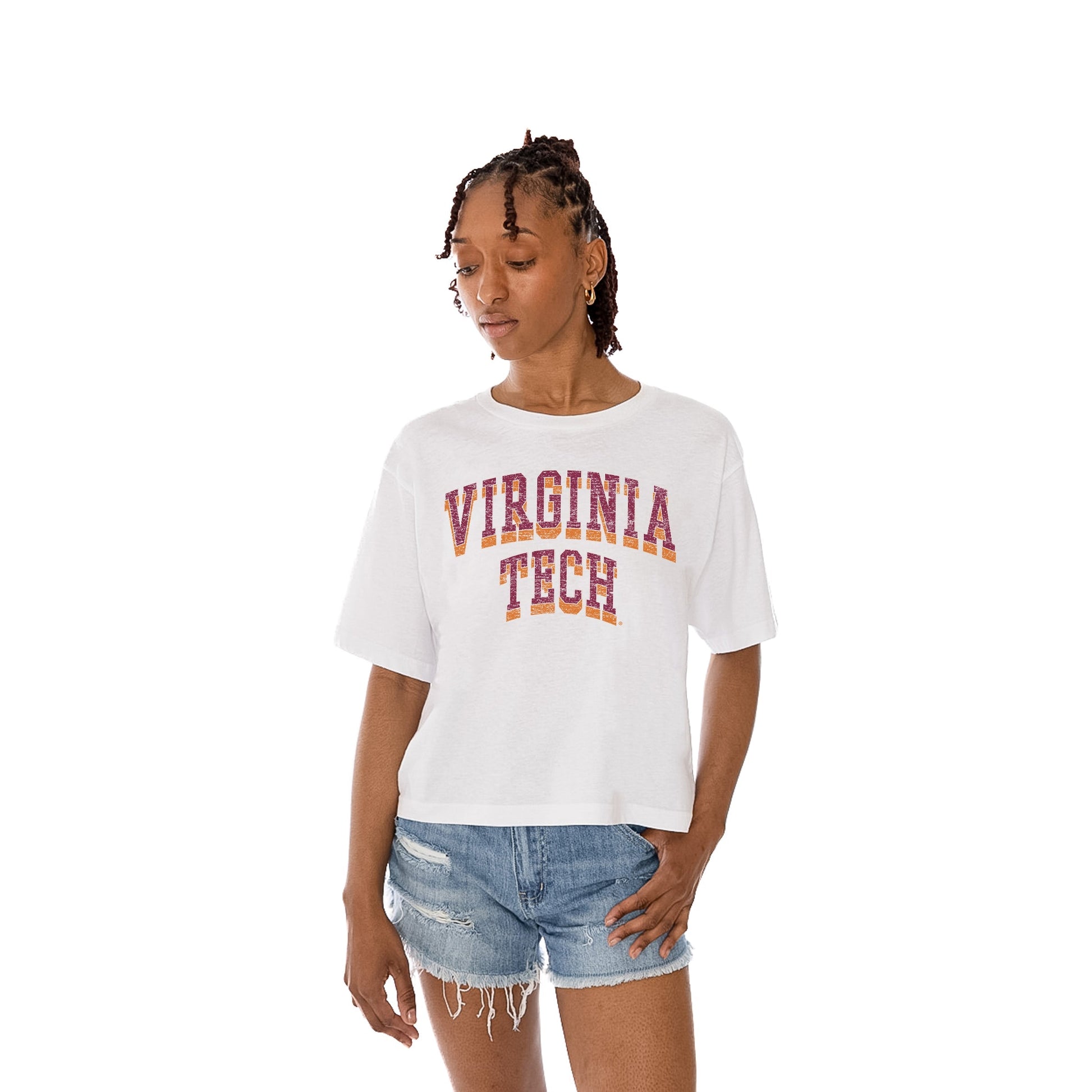 VIRGINIA TECH HOKIES CLAIM TO FAME WOMEN'S MIDI-LENGTH, BOXY FIT CROPPED TEE WITH DROP SHOULDER SLEEVE