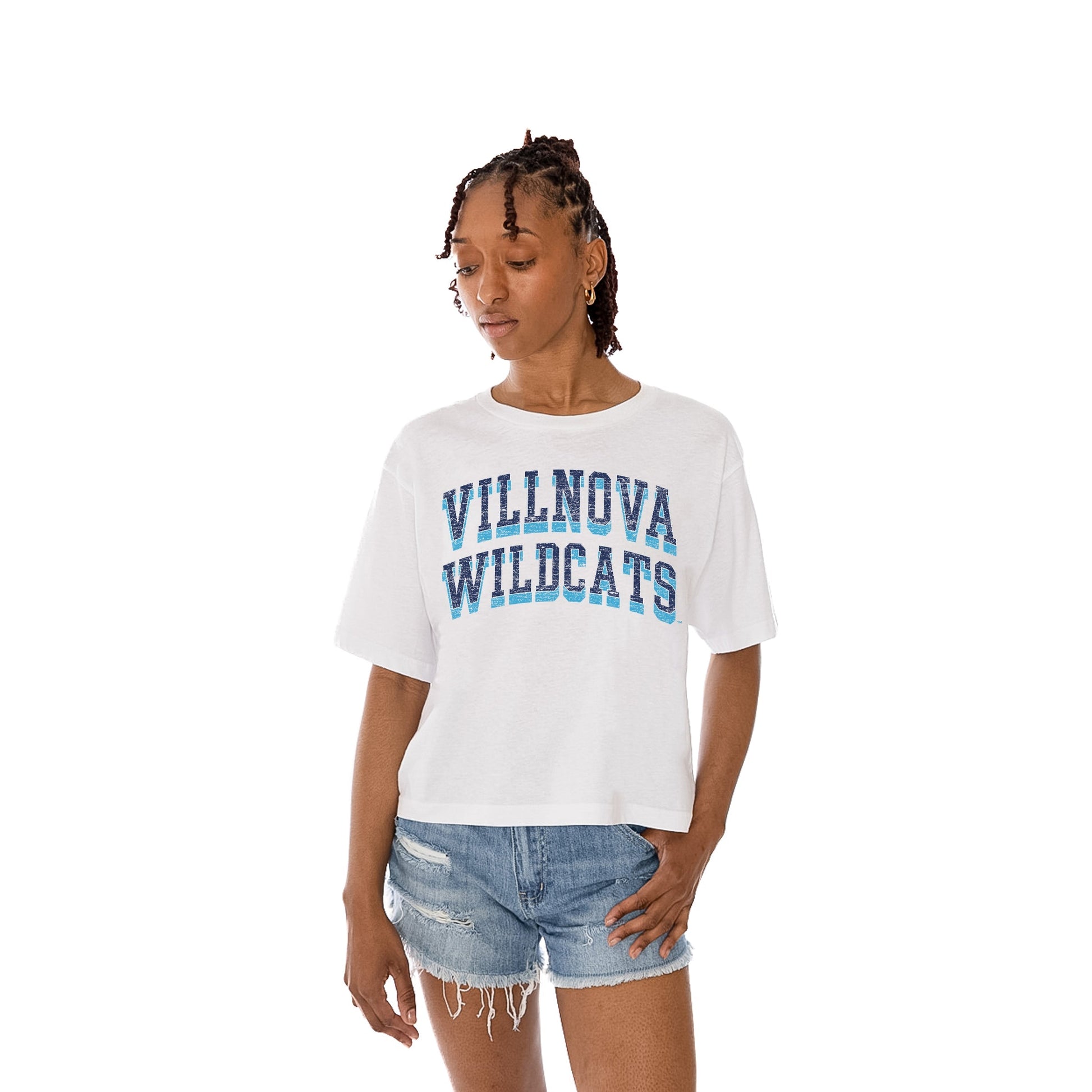 VILLANOVA WILDCATS CLAIM TO FAME WOMEN'S MIDI-LENGTH, BOXY FIT CROPPED TEE WITH DROP SHOULDER SLEEVE