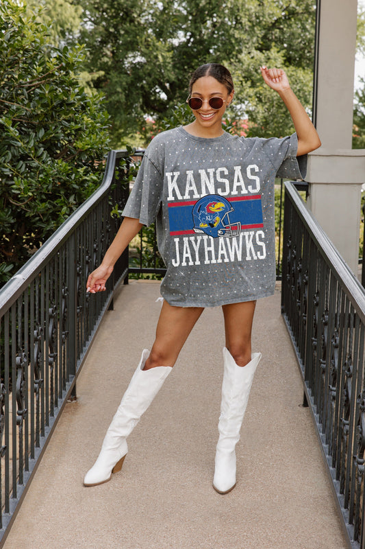 KANSAS JAYHAWKS ON THE BALL OVERSIZED ALL-OVER MINI RHINESTONE SHORT SLEEVE CLASSIC TEE WITH RIBBED NECKLINE