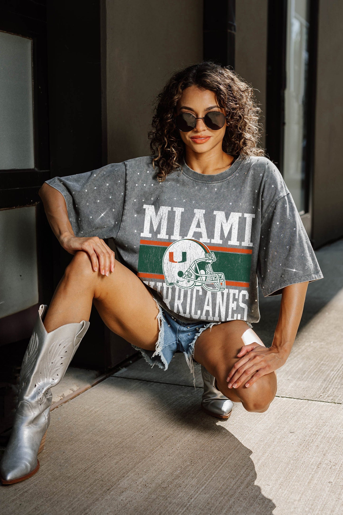 MIAMI HURRICANES ON THE BALL OVERSIZED ALL-OVER MINI RHINESTONE SHORT SLEEVE CLASSIC TEE WITH RIBBED NECKLINE