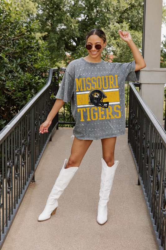 MISSOURI TIGERS ON THE BALL OVERSIZED ALL-OVER MINI RHINESTONE SHORT SLEEVE CLASSIC TEE WITH RIBBED NECKLINE