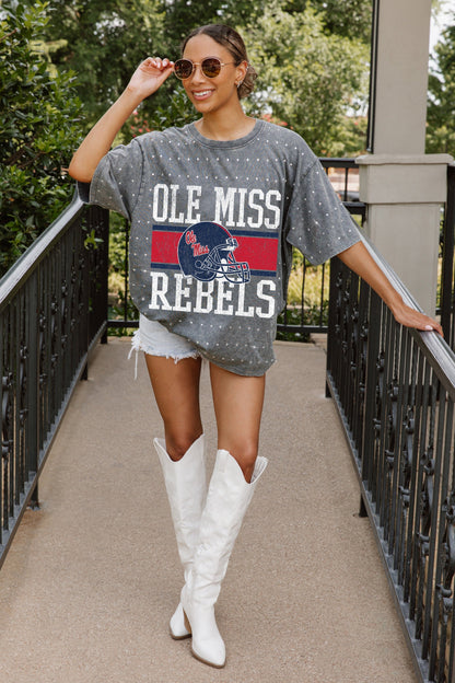 OLE MISS REBELS ON THE BALL OVERSIZED ALL-OVER MINI RHINESTONE SHORT SLEEVE CLASSIC TEE WITH RIBBED NECKLINE