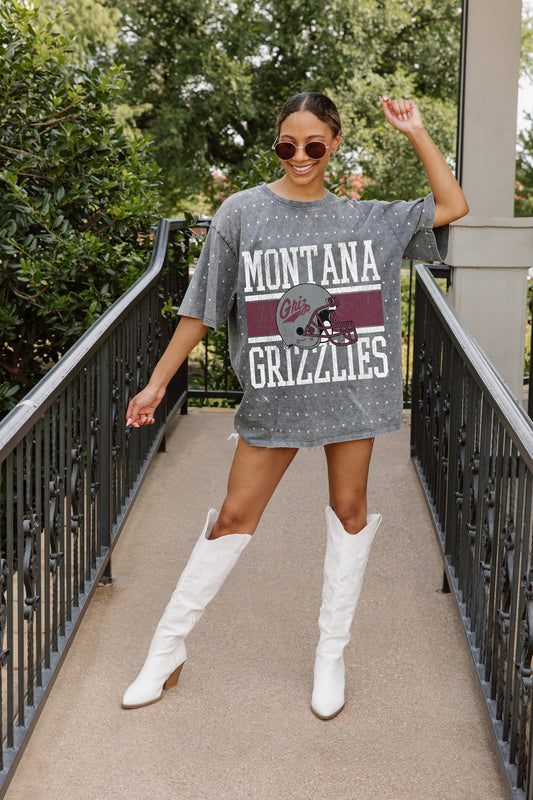MONTANA GRIZZLIES ON THE BALL OVERSIZED ALL-OVER MINI RHINESTONE SHORT SLEEVE CLASSIC TEE WITH RIBBED NECKLINE
