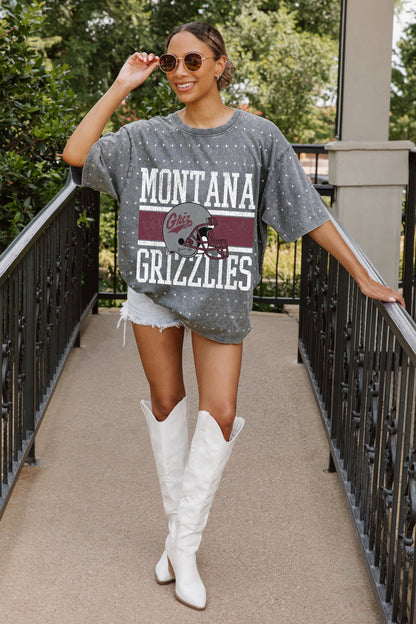 MONTANA GRIZZLIES ON THE BALL OVERSIZED ALL-OVER MINI RHINESTONE SHORT SLEEVE CLASSIC TEE WITH RIBBED NECKLINE