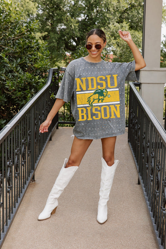 NORTH DAKOTA STATE BISON ON THE BALL OVERSIZED ALL-OVER MINI RHINESTONE SHORT SLEEVE CLASSIC TEE WITH RIBBED NECKLINE