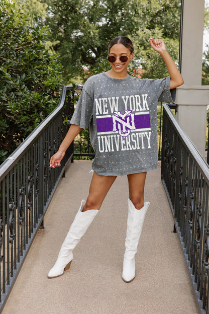 NEW YORK UNIVERSITY VIOLETS ON THE BALL OVERSIZED ALL-OVER MINI RHINESTONE SHORT SLEEVE CLASSIC TEE WITH RIBBED NECKLINE
