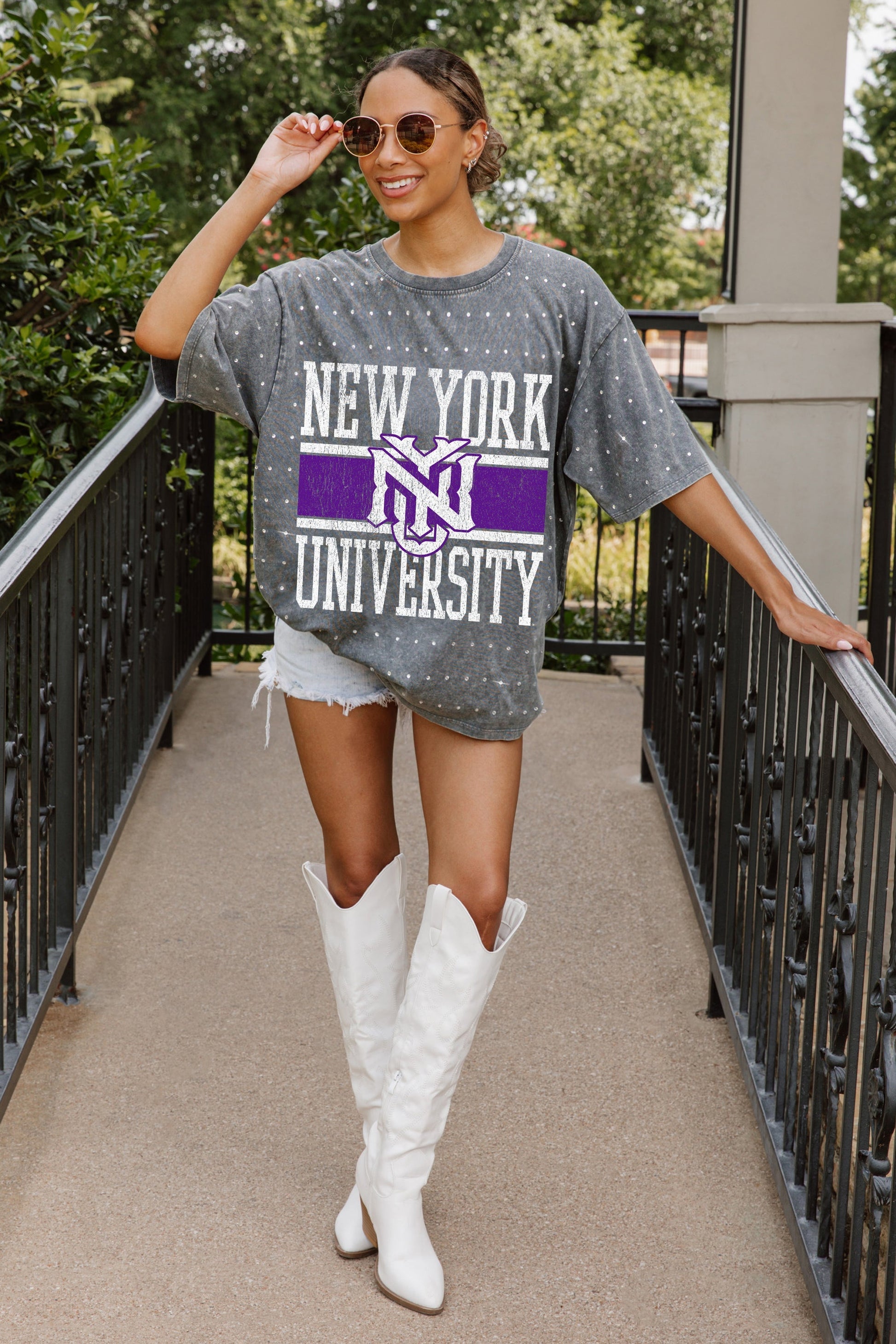 NEW YORK UNIVERSITY VIOLETS ON THE BALL OVERSIZED ALL-OVER MINI RHINESTONE SHORT SLEEVE CLASSIC TEE WITH RIBBED NECKLINE