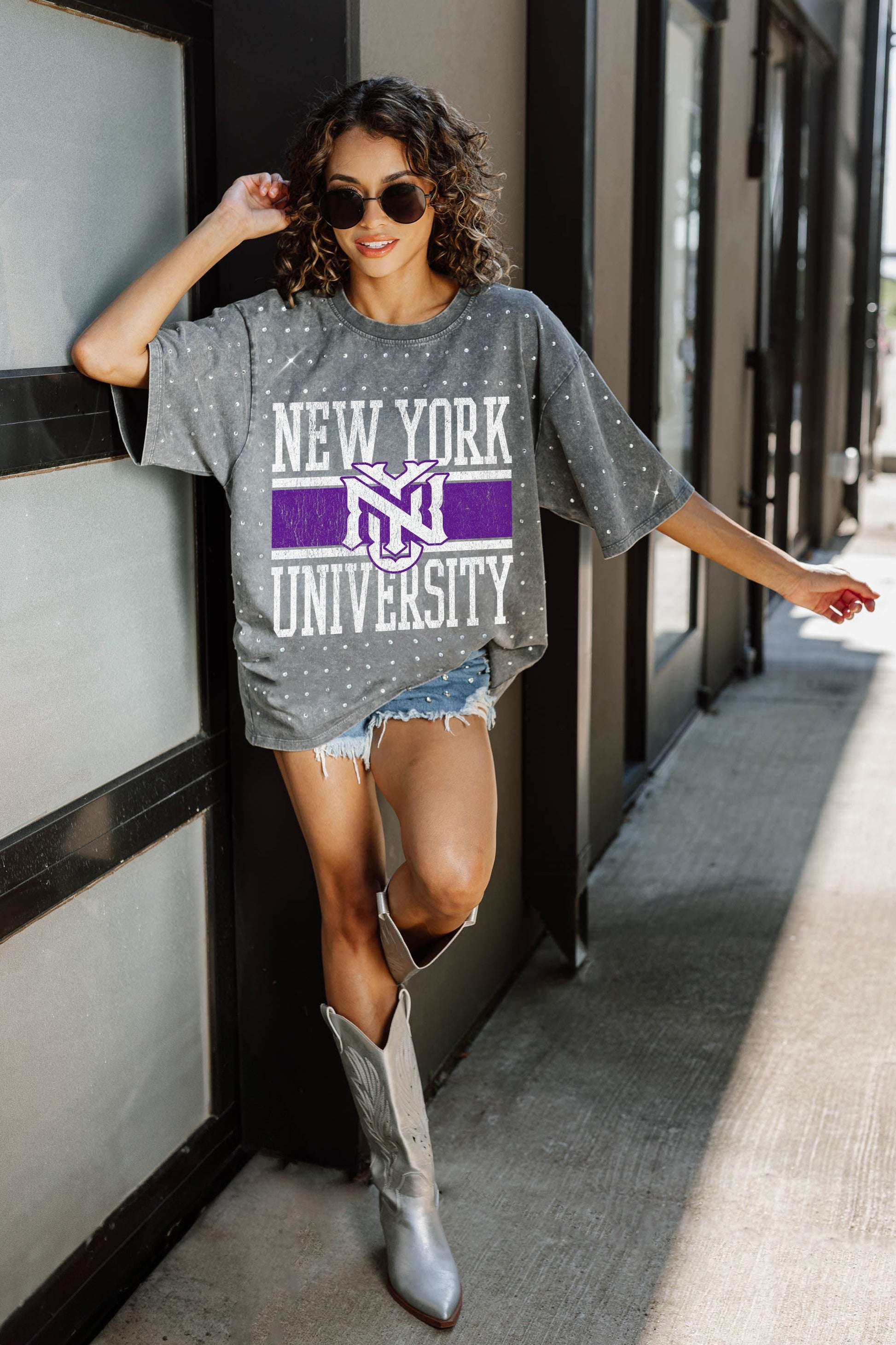 NEW YORK UNIVERSITY VIOLETS ON THE BALL OVERSIZED ALL-OVER MINI RHINESTONE SHORT SLEEVE CLASSIC TEE WITH RIBBED NECKLINE