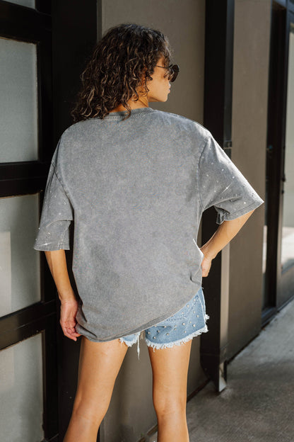 NEW YORK UNIVERSITY VIOLETS ON THE BALL OVERSIZED ALL-OVER MINI RHINESTONE SHORT SLEEVE CLASSIC TEE WITH RIBBED NECKLINE