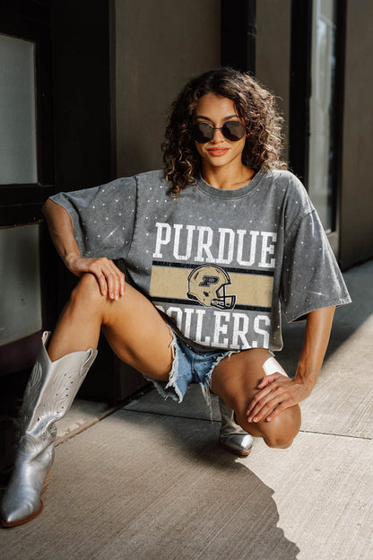 PURDUE BOILERMAKERS ON THE BALL OVERSIZED ALL-OVER MINI RHINESTONE SHORT SLEEVE CLASSIC TEE WITH RIBBED NECKLINE