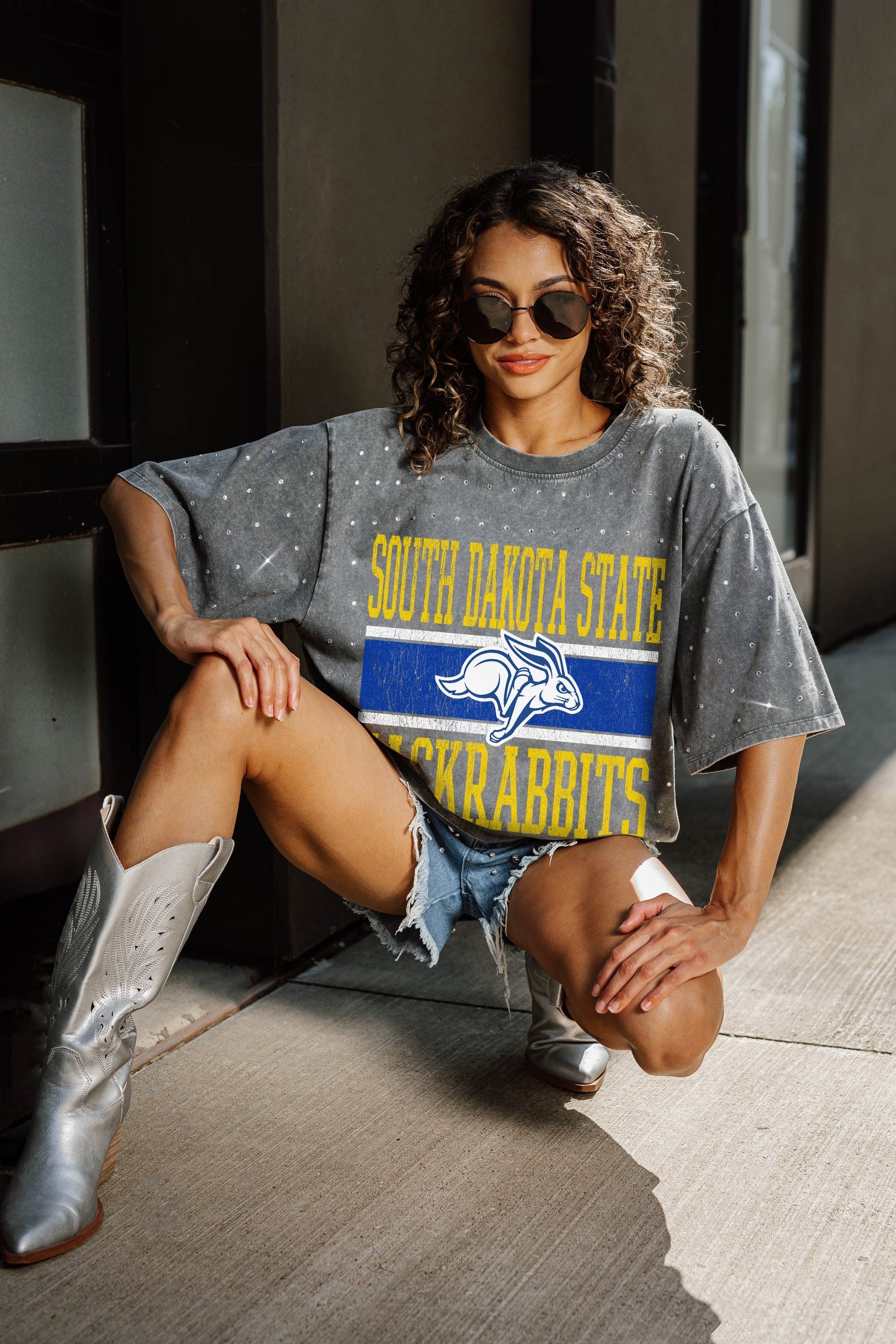 SOUTH DAKOTA STATE JACKRABBITS ON THE BALL OVERSIZED ALL-OVER MINI RHINESTONE SHORT SLEEVE CLASSIC TEE WITH RIBBED NECKLINE