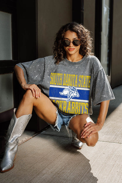 SOUTH DAKOTA STATE JACKRABBITS ON THE BALL OVERSIZED ALL-OVER MINI RHINESTONE SHORT SLEEVE CLASSIC TEE WITH RIBBED NECKLINE