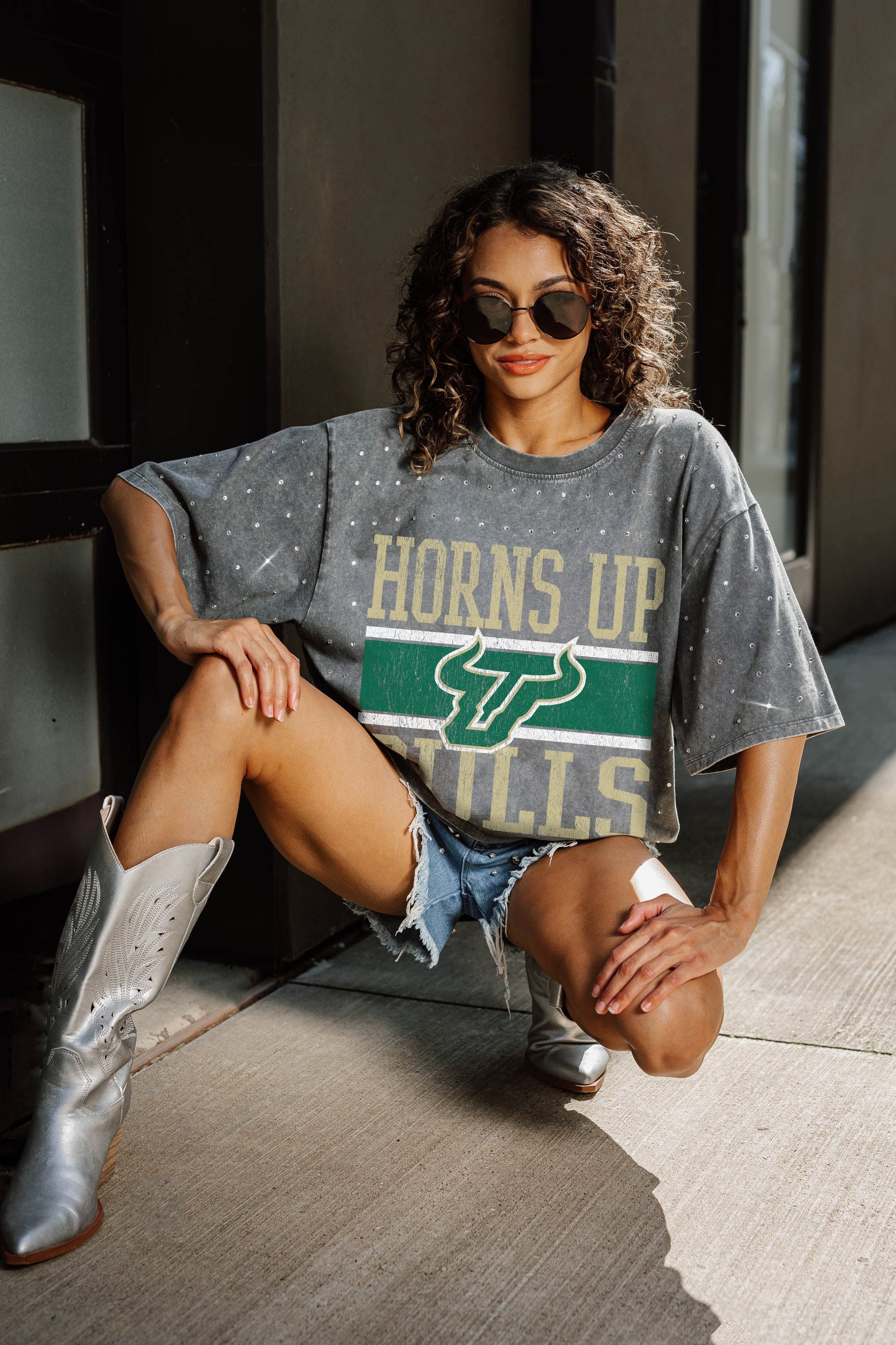SOUTH FLORIDA BULLS ON THE BALL OVERSIZED ALL-OVER MINI RHINESTONE SHORT SLEEVE CLASSIC TEE WITH RIBBED NECKLINE