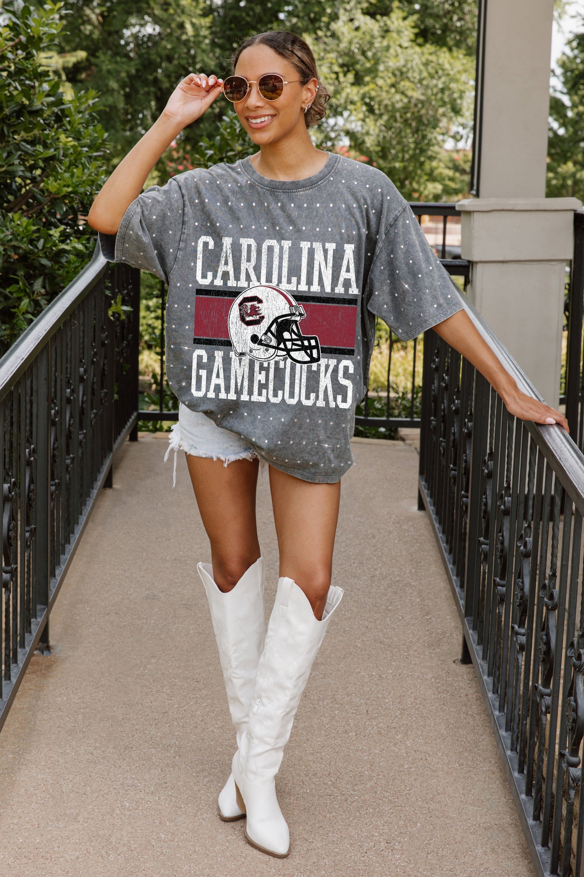 SOUTH CAROLINA GAMECOCKS ON THE BALL OVERSIZED ALL-OVER MINI RHINESTONE SHORT SLEEVE CLASSIC TEE WITH RIBBED NECKLINE