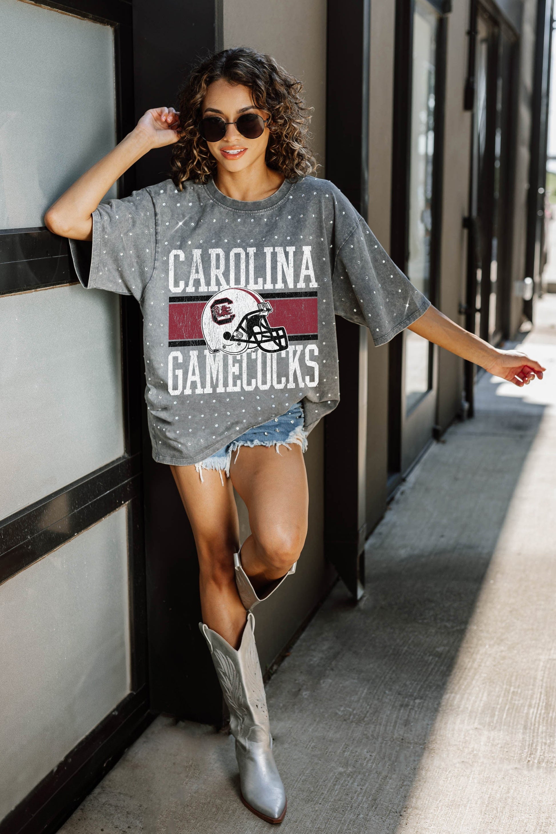 SOUTH CAROLINA GAMECOCKS ON THE BALL OVERSIZED ALL-OVER MINI RHINESTONE SHORT SLEEVE CLASSIC TEE WITH RIBBED NECKLINE