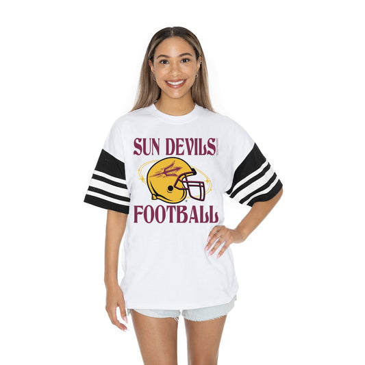 ARIZONA STATE SUN DEVILS STARTING LINEUP BOLD CONTRAST, OVERSIZED, SPORTY HERITAGE - STRIPED TEE WITH JERSEY MESH SHORT SLEEVES AND RIBBED NECKLINE - The Club