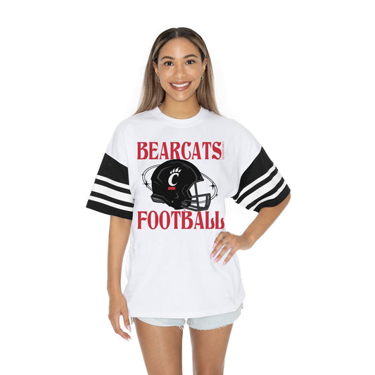 CINCINNATI BEARCATS STARTING LINEUP BOLD CONTRAST, OVERSIZED, SPORTY HERITAGE - STRIPED TEE WITH JERSEY MESH SHORT SLEEVES AND RIBBED NECKLINE - The Club