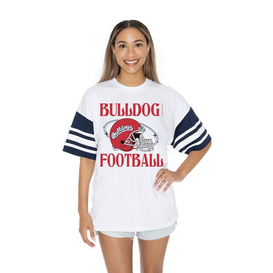 FRESNO STATE BULLDOGS STARTING LINEUP BOLD CONTRAST, OVERSIZED, SPORTY HERITAGE - STRIPED TEE WITH JERSEY MESH SHORT SLEEVES AND RIBBED NECKLINE - The Club