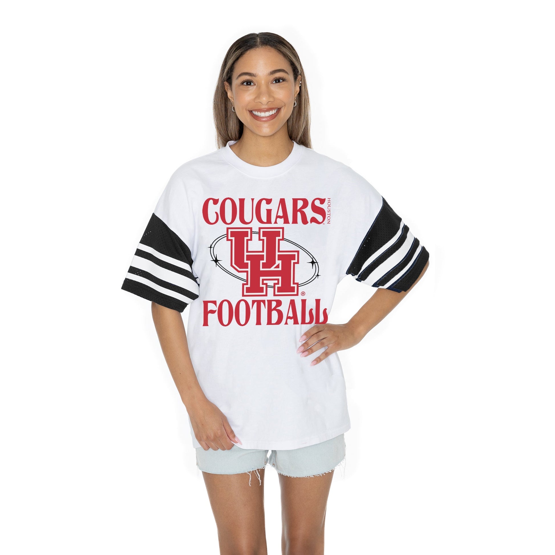 HOUSTON COUGARS STARTING LINEUP BOLD CONTRAST, OVERSIZED, SPORTY HERITAGE-STRIPED TEE WITH JERSEY MESH SHORT SLEEVES AND RIBBED NECKLINE